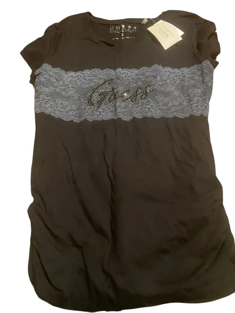 GUESS Black Lace-Trim Logo Tee size small new with tags